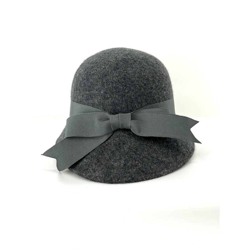 Toucan Collection Wool Cloche Hat Gray Bow 100% Wool Dark Academia 23”